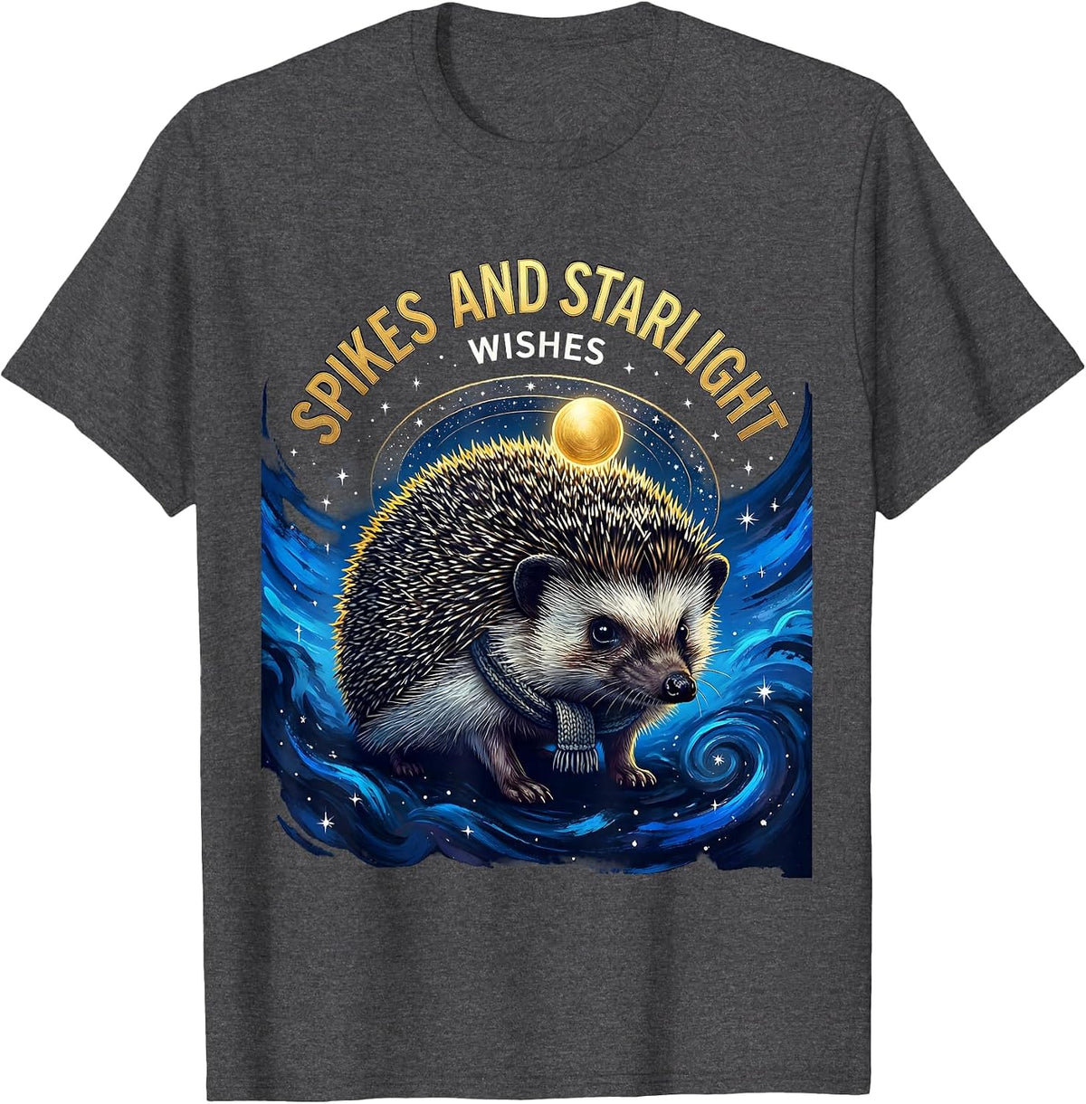 Men's Spikes And Starlight Wishes Cosmic Hedgehog Van Gogh Parody T-Shirt - Dark Heather Grey