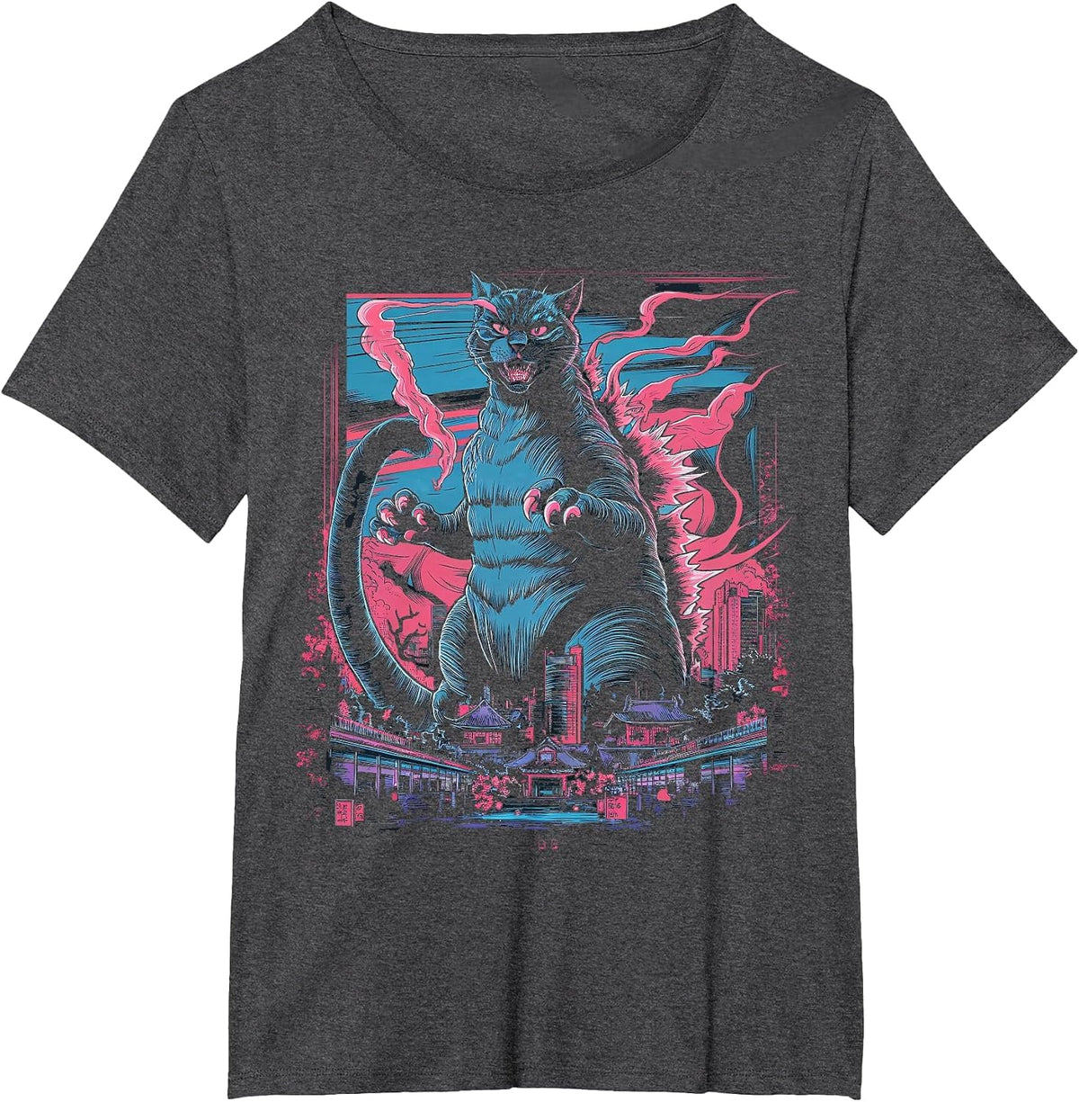 Catzilla Cat Japanese Art Funny Cat for Men Women Kid T-Shirt - Dark Heather Grey