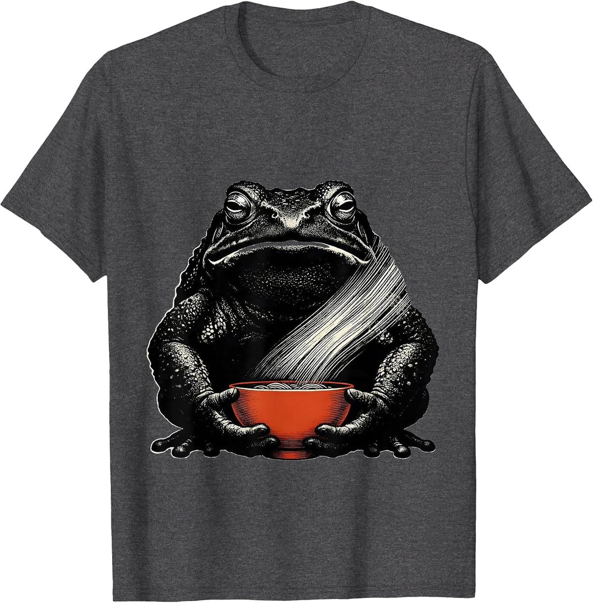 Grumpy Frog Ramen Bowl Scratchboard Ink-Art Humor T-Shirt - Dark Heather Grey