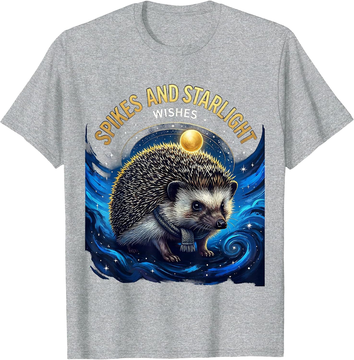 Men's Spikes And Starlight Wishes Cosmic Hedgehog Van Gogh Parody T-Shirt - Heather Grey