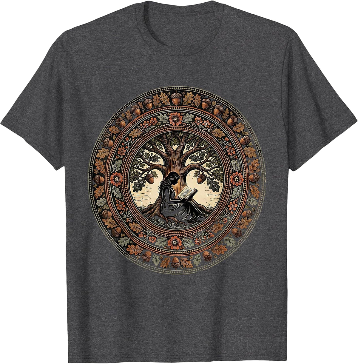 Reading Under the Oak Tree Illustration T-Shirt - Dark Heather Grey