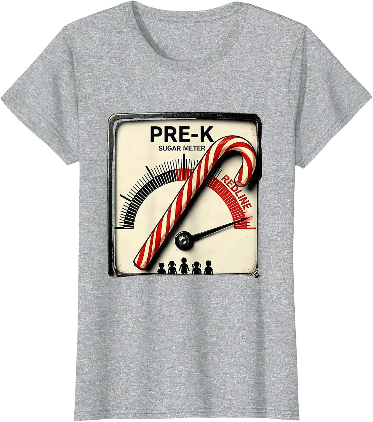 Women's Pre-K Sugar Meter Redline Funny Teacher Christmas Candy Cane T-Shirt - Heather Grey