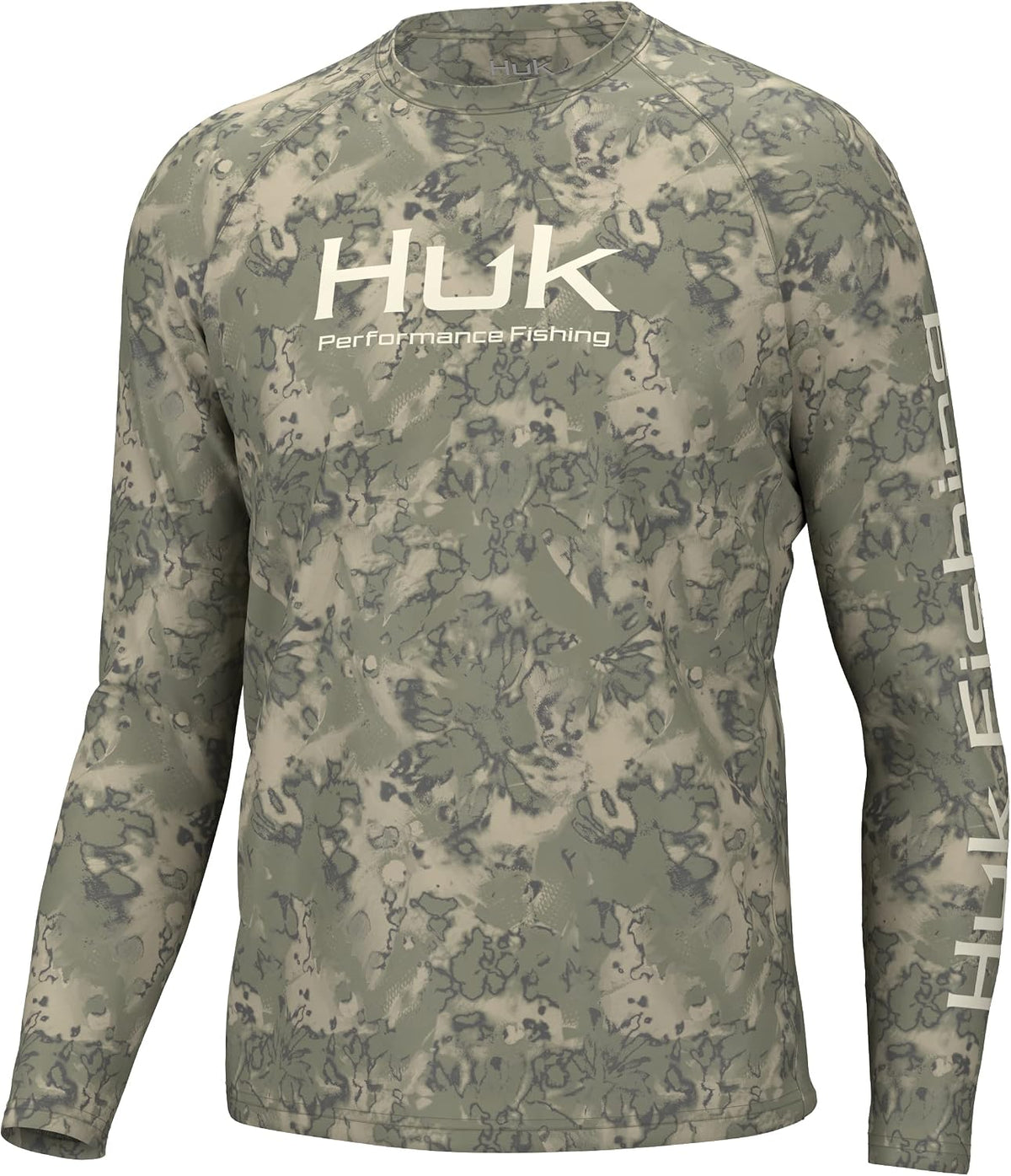 HUK Men's Pursuit Crew Long Sleeve Shirt, Sun Protecting Fishing Shirt - Fin Flats - Moss