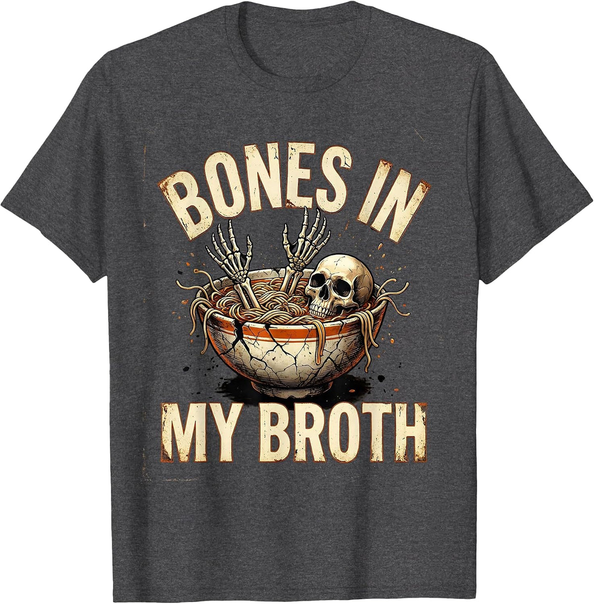Men's Halloween Skeleton Ramen Noodle Bowl Bones Design T-Shirt - Dark Heather Grey