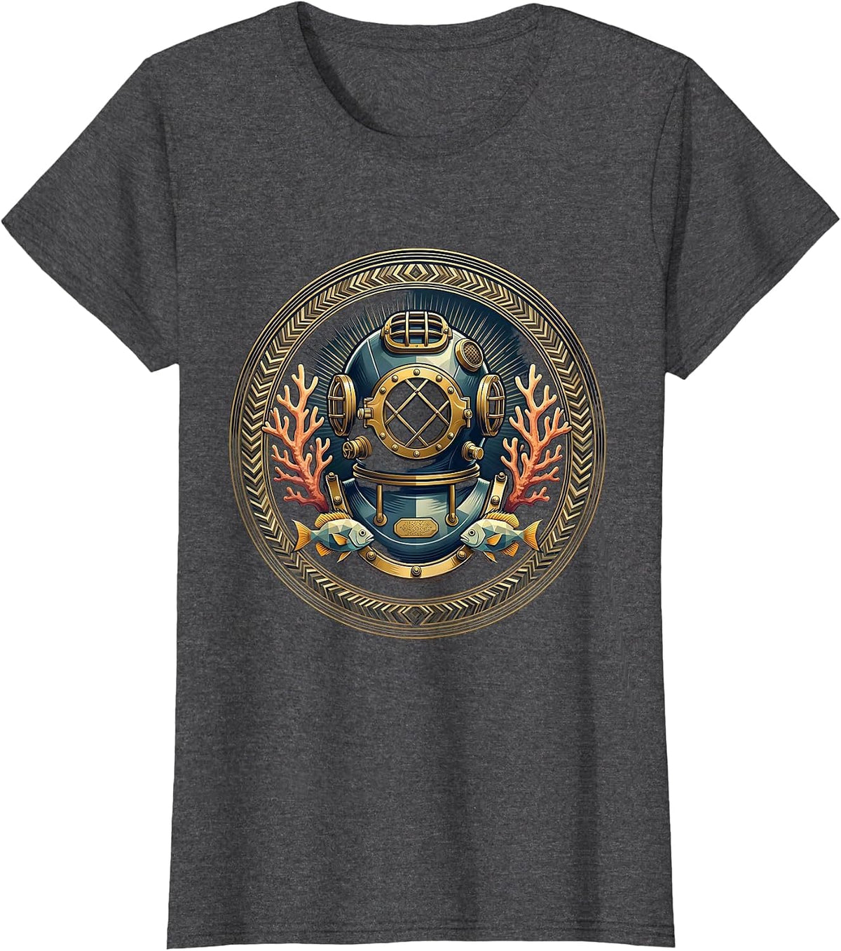 Women's Retro Diver Helmet Coral Reef Ocean Art T-Shirt - Dark Heather Grey