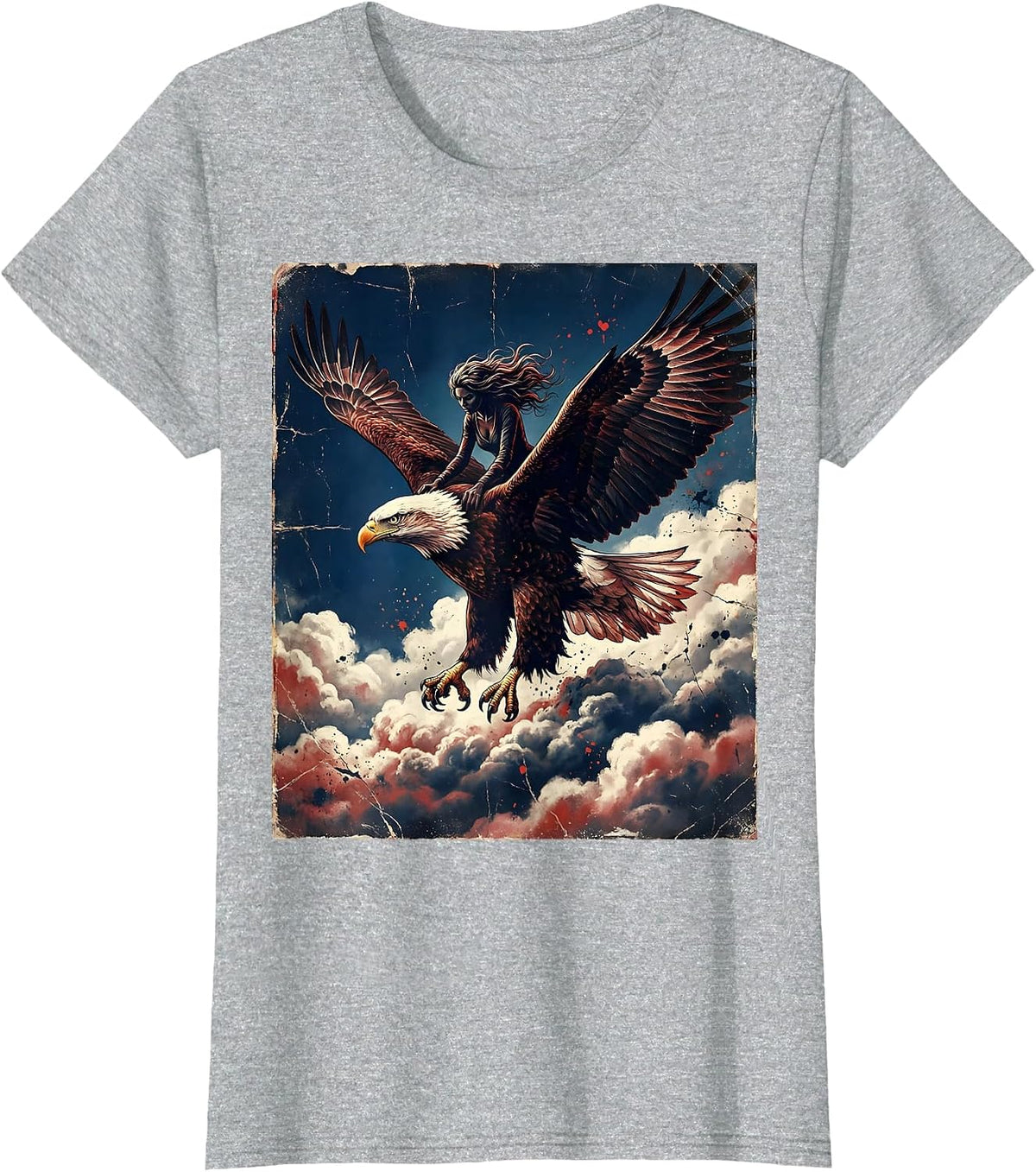 Red White and Blue Bald Eagle Rider Over Clouds T-Shirt - Heather Grey