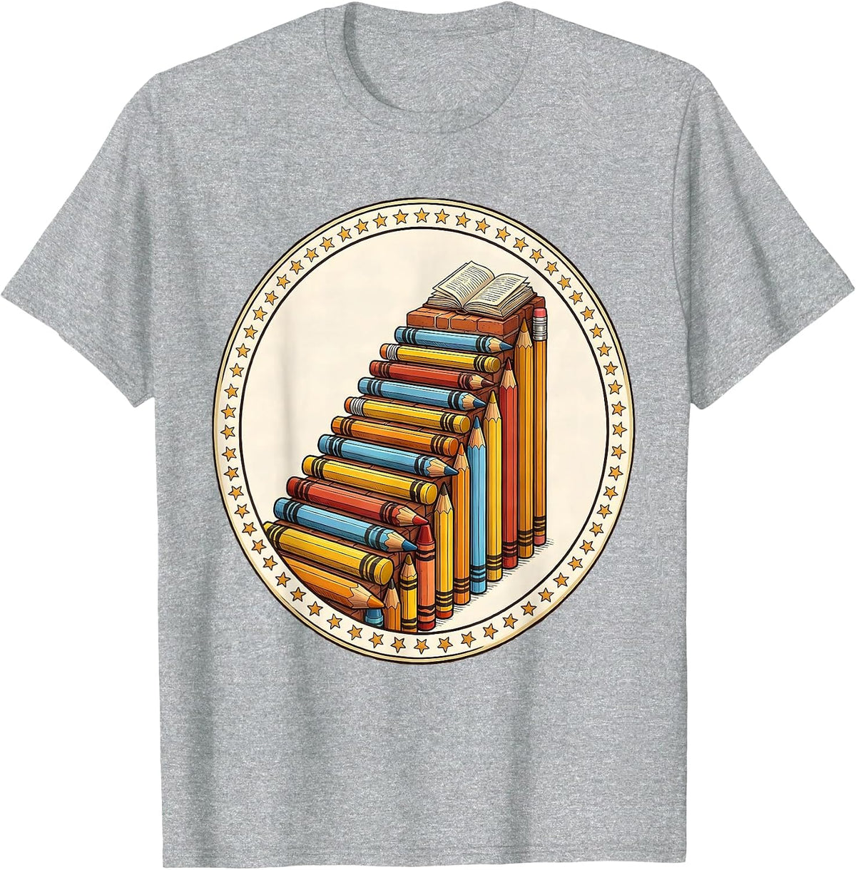 Men's Special Education Crayon Pencil Staircase Design T-Shirt - Heather Grey