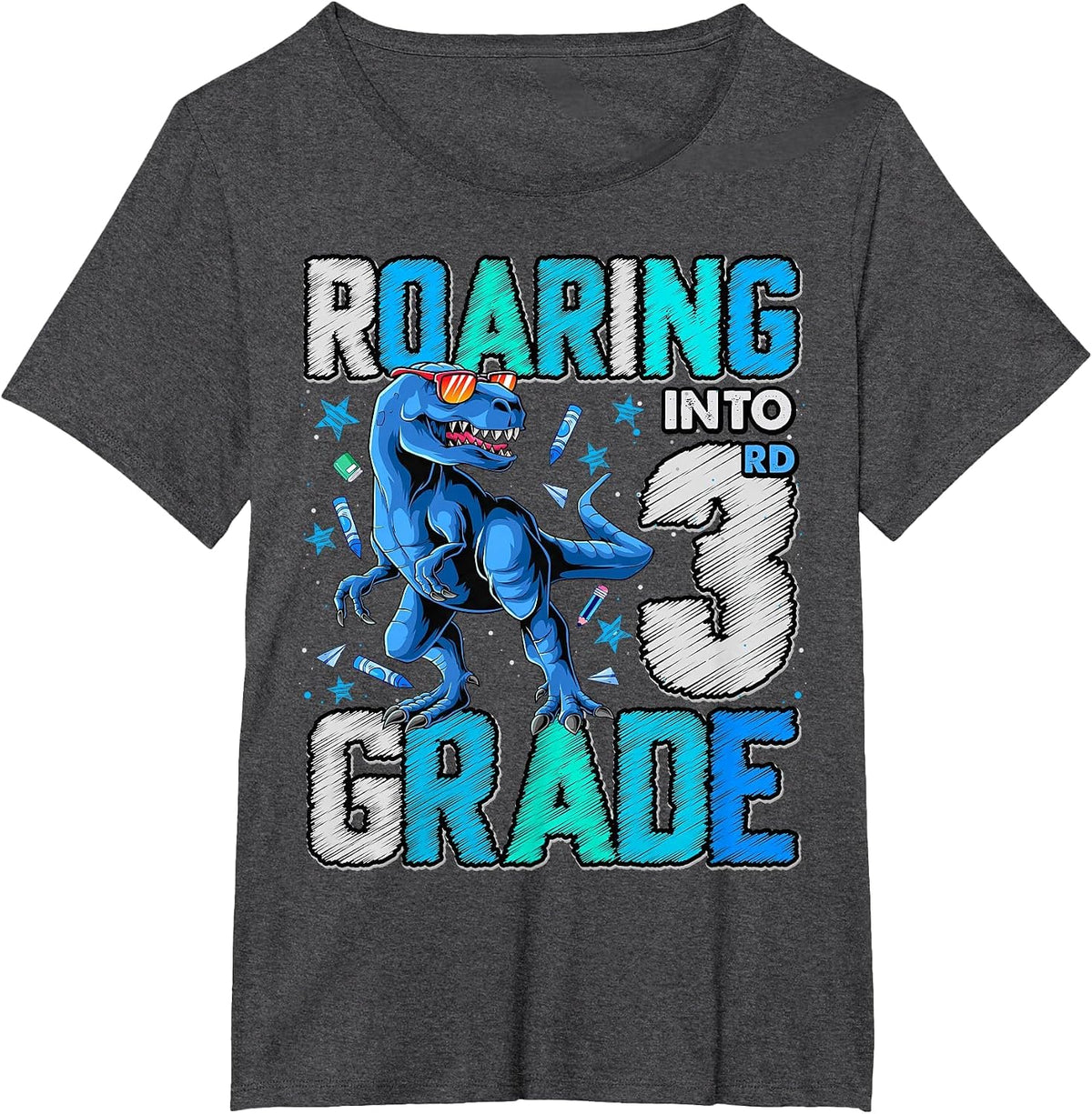 Roaring Into 3rd Grade Dinosaur T Rex Back to School Boys T-Shirt - Dark Heather Grey