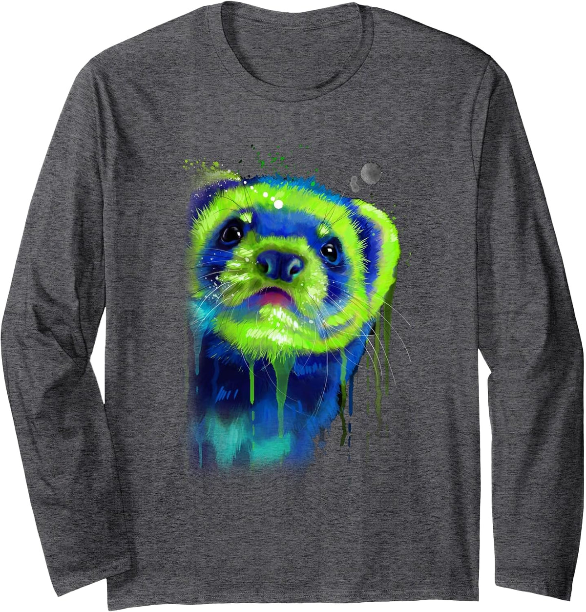 Ferret Face Graphics Hand Drawn Splash Art Ferret Pet Lover Long Sleeve T-Shirt - Adult Unisex Dark Heather Grey
