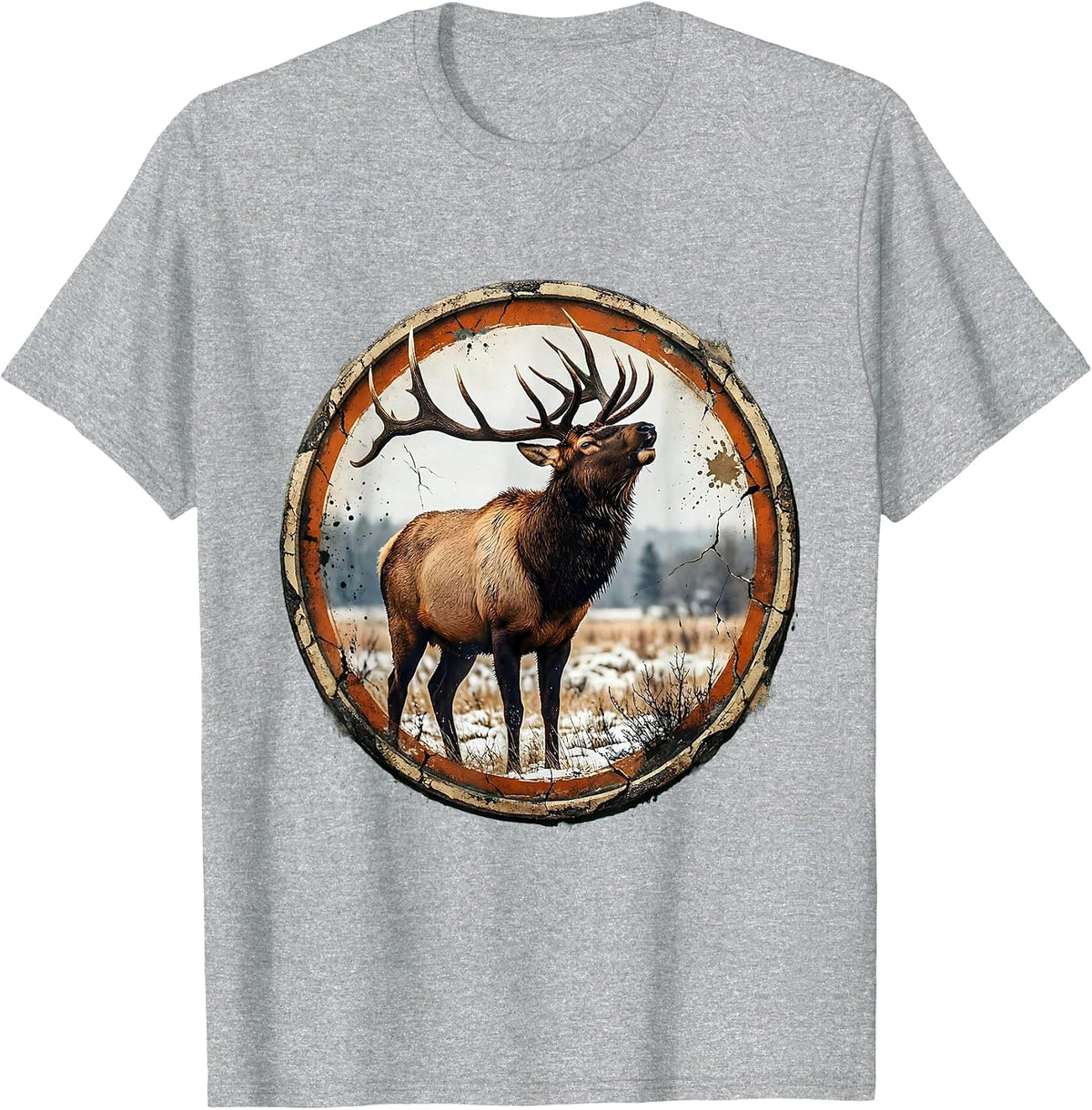 Men's Bull Elk Bugling in Snowy Meadow Illustration T-Shirt - Heather Grey