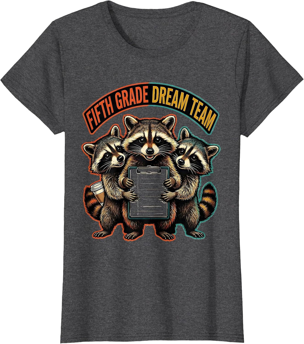 Women's Fifth Grade Dream Team Retro Advertising Mascot Raccoon T-Shirt - Dark Heather Grey