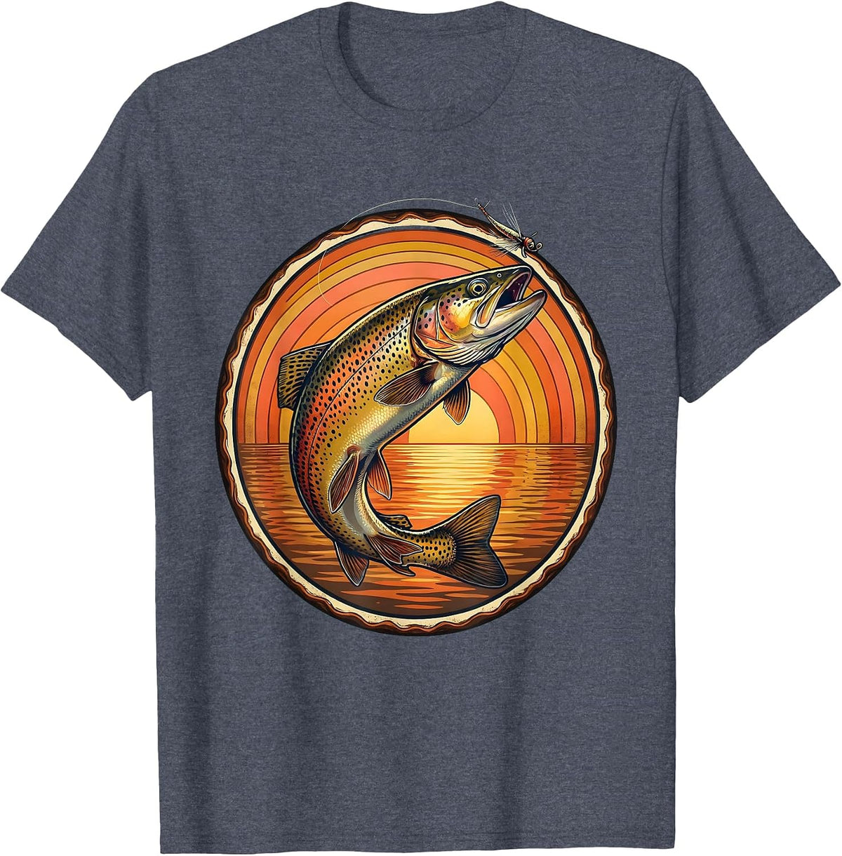 Trout Rising to Surface Fly Fishing Illustration T-Shirt - Heather Blue
