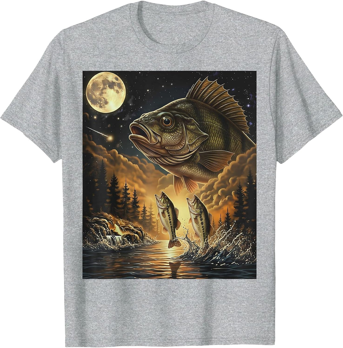 Fish Howling at the Moon Shirt Bass Fishing Art T-Shirt - Heather Grey