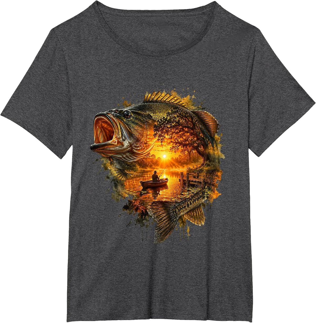 Largemouth Bass Fishing Fish Sunset Fisherman Men Women Kids T-Shirt - Dark Heather Grey