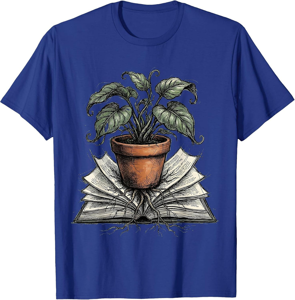Men's Potted Plant Growing From Open Book Illustration T-Shirt - Royal Blue