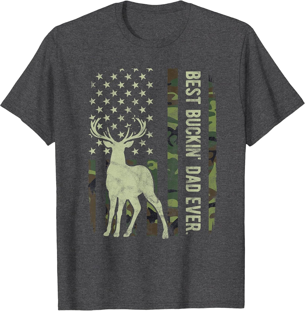 Best Buckin' Dad Camouflage American Flag Deer Hunting Tees T-Shirt - Dark Heather Grey