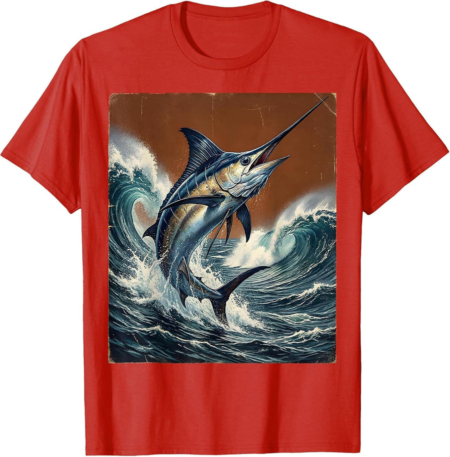 Men's Gulf of Mexico Blue Marlin Leaping Ocean Art T-Shirt - Red