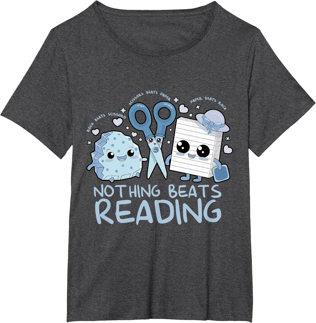 Rock Paper Scissors Nothing Beats Reading Book Lover T-Shirt - Dark Heather Grey