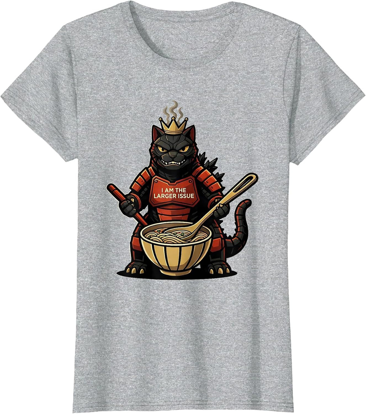 Women's I Am The Larger Issue Funny Kaiju Cat Ramen Samurai Art T-Shirt - Heather Grey