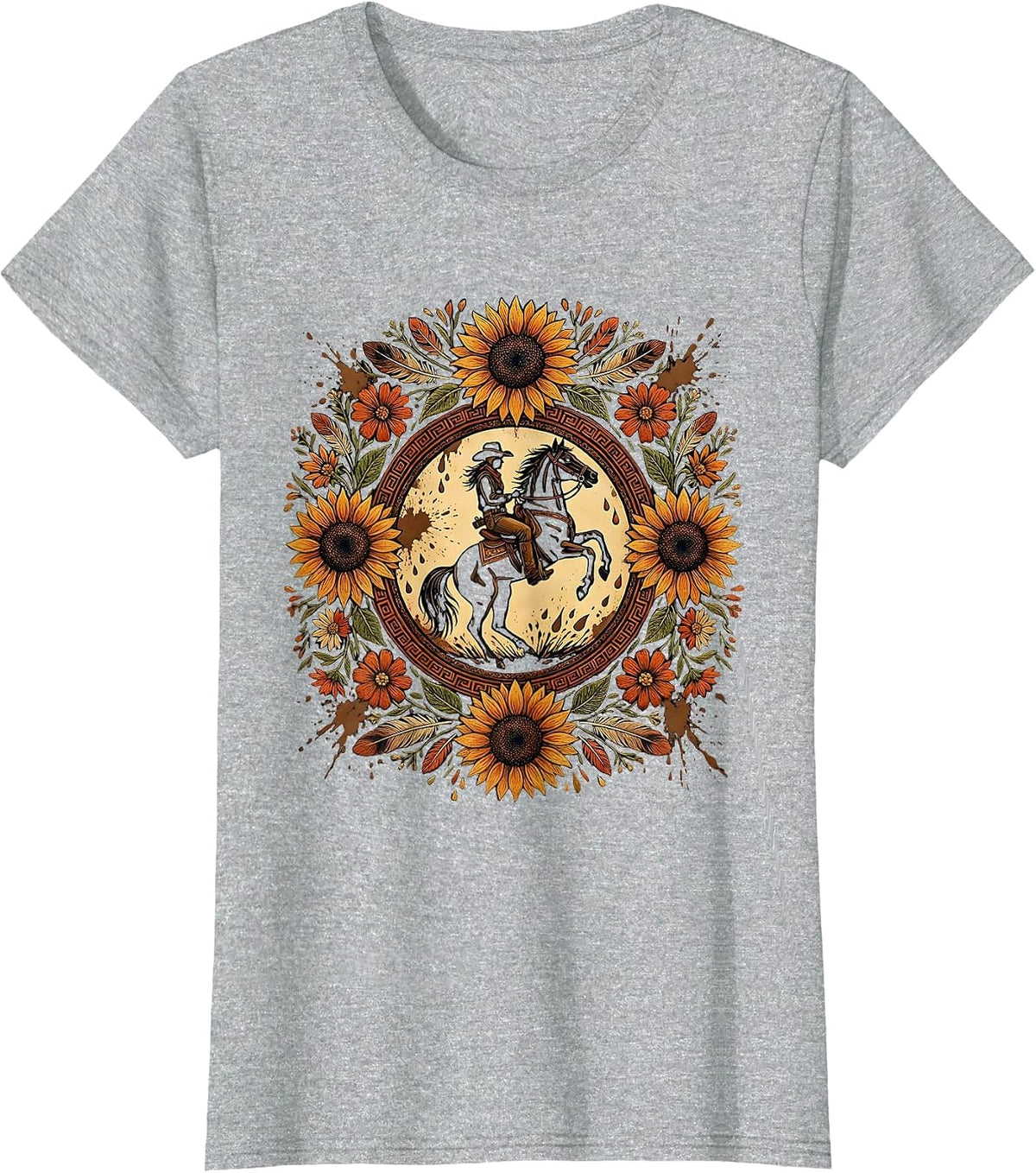 Cowgirl Full Gallop Muddy Rodeo Illustration T-Shirt - Heather Grey