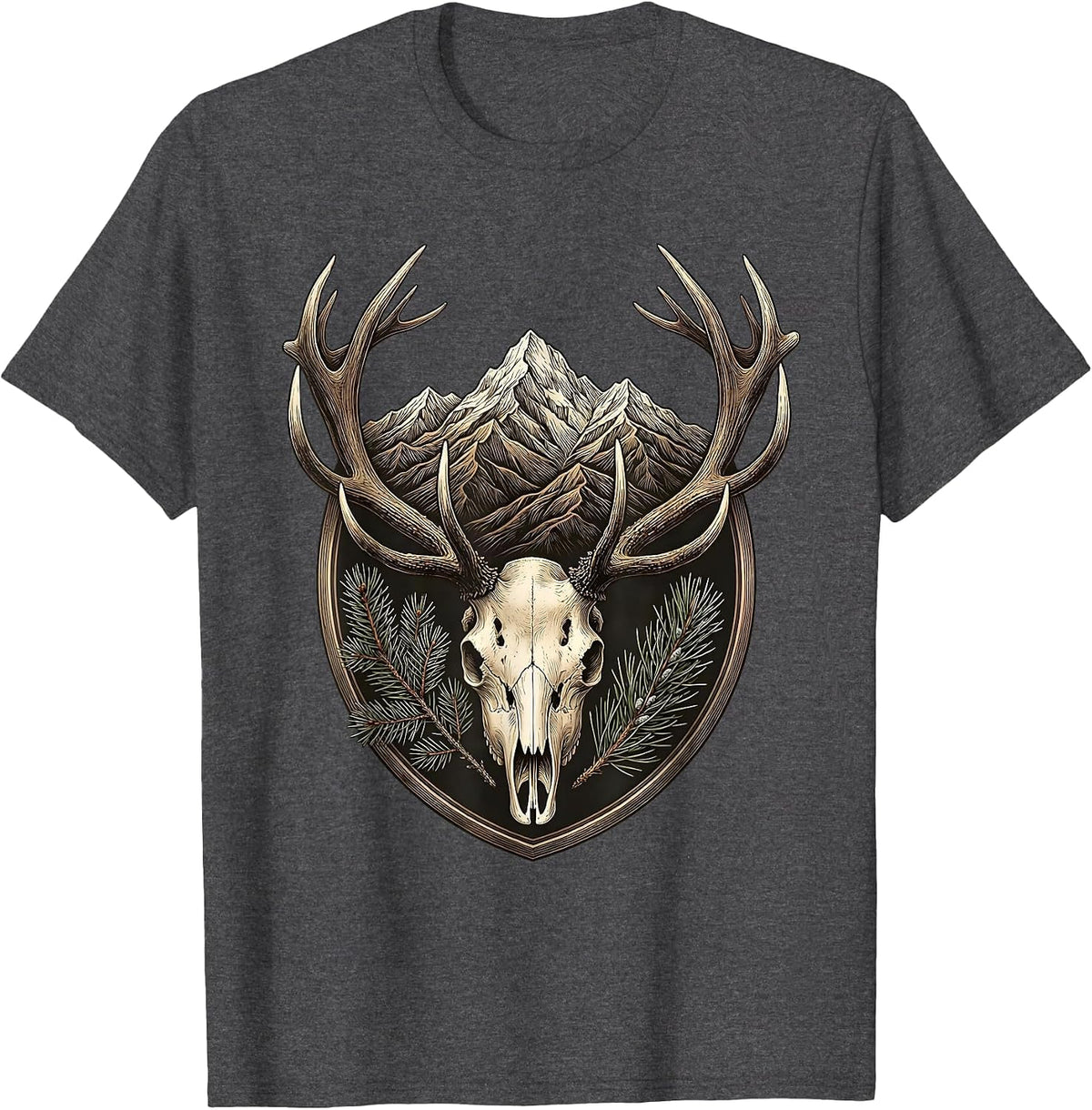 Men's Bull Elk Antlers Framing Mountain Sunset T-Shirt - Dark Heather Grey