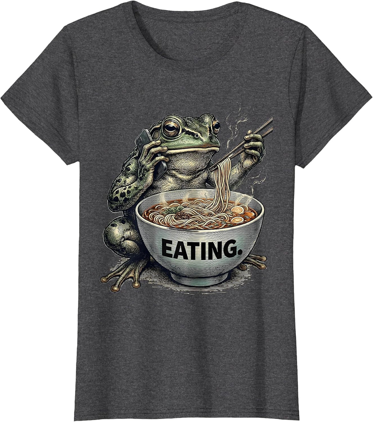 Women's Eating Grumpy Frog Eat Ramen and Scroll Phone Japanese Art T-Shirt - Dark Heather Grey