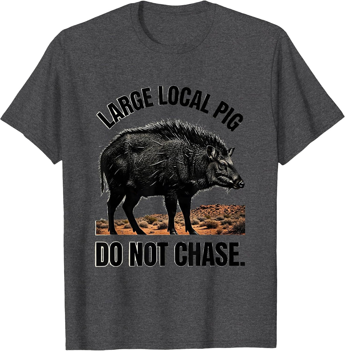 Large Local Pig, Do Not Chase Retro National Park Travel T-Shirt - Dark Heather Grey