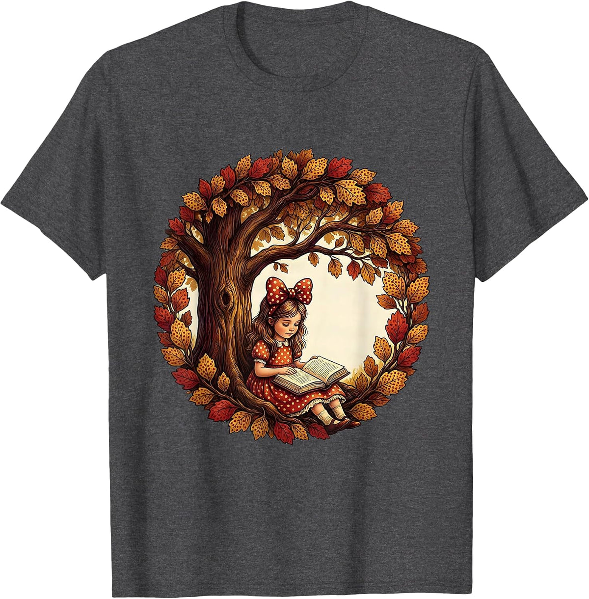 Girls Polka Dot Bow Reading Under Tree T-Shirt - Dark Heather Grey
