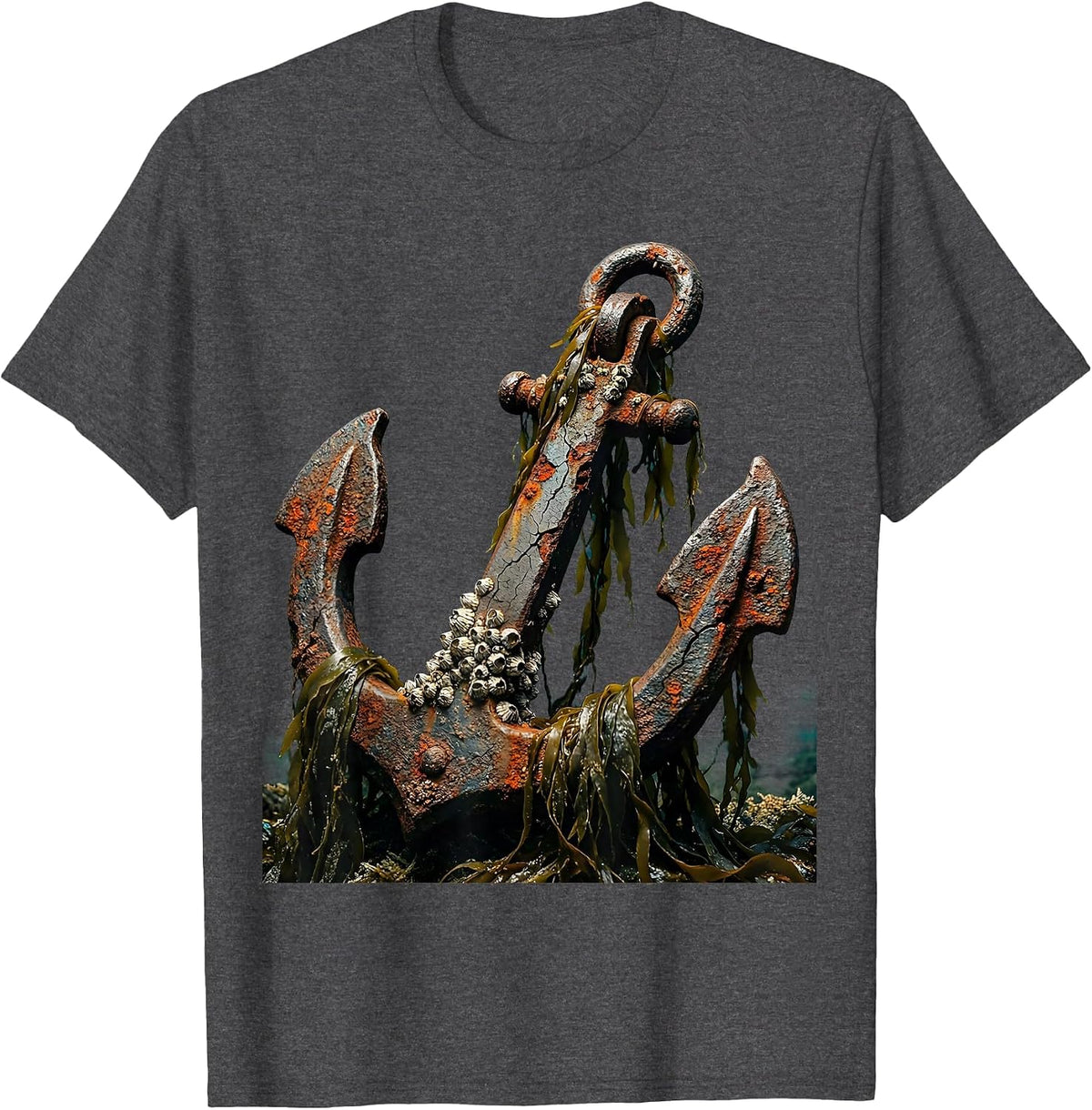 Sunken Anchor Barnacles and Seaweed Sailor Art T-Shirt - Dark Heather Grey