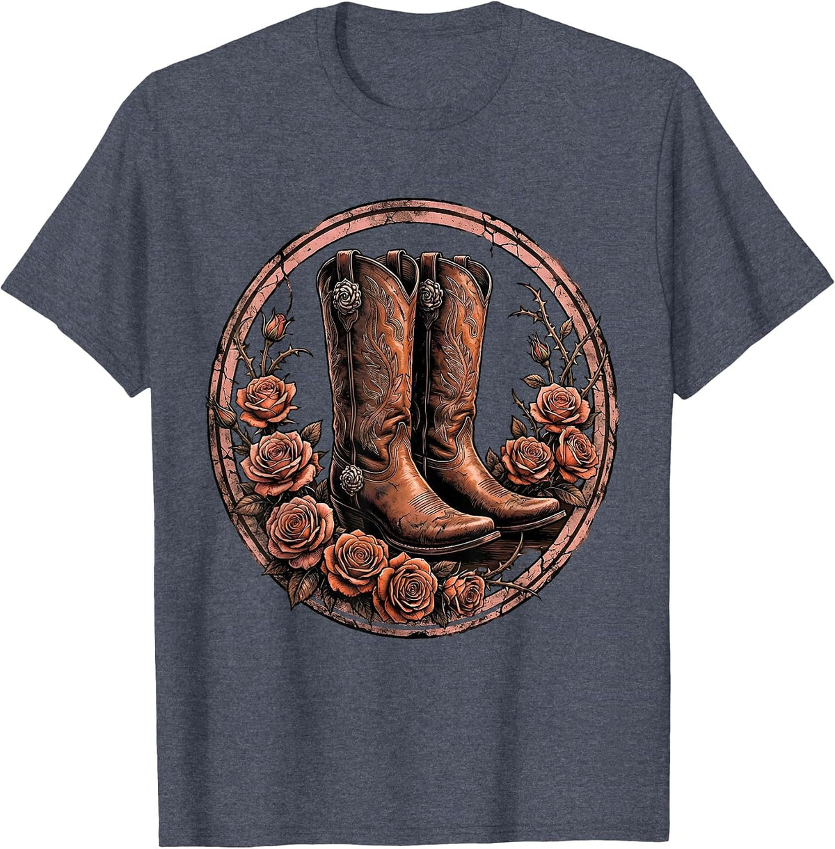 Cowgirl Boots Spurs and Roses Rodeo Design T-Shirt - Heather Blue
