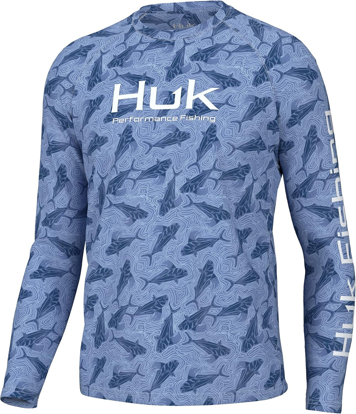 HUK Men's Pursuit Crew Long Sleeve Shirt, Sun Protecting Fishing Shirt - Rooster Wake - Wedgewood
