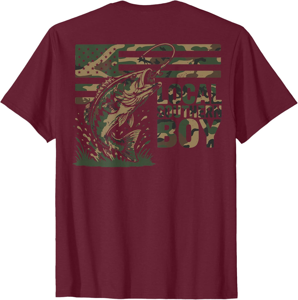 Youth Boy Local Camo Bass Fishing Camouflage American Flag T-Shirt - Burgundy