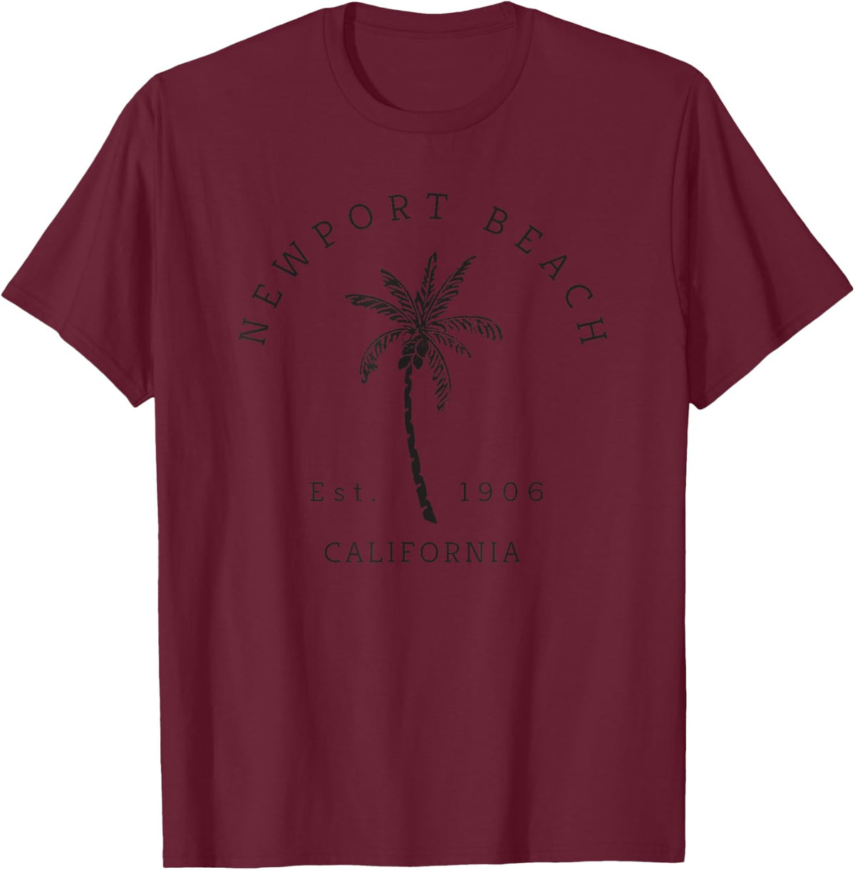 Original Newport Beach CA Palm Tree Unique Novelty Art T-Shirt - Burgundy