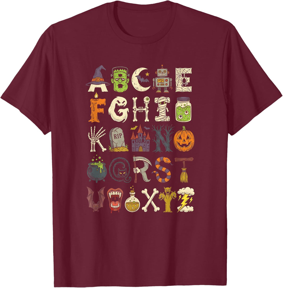 Cute Halloween Alphabet ABC Spooky Characters Fall T-Shirt - Burgundy