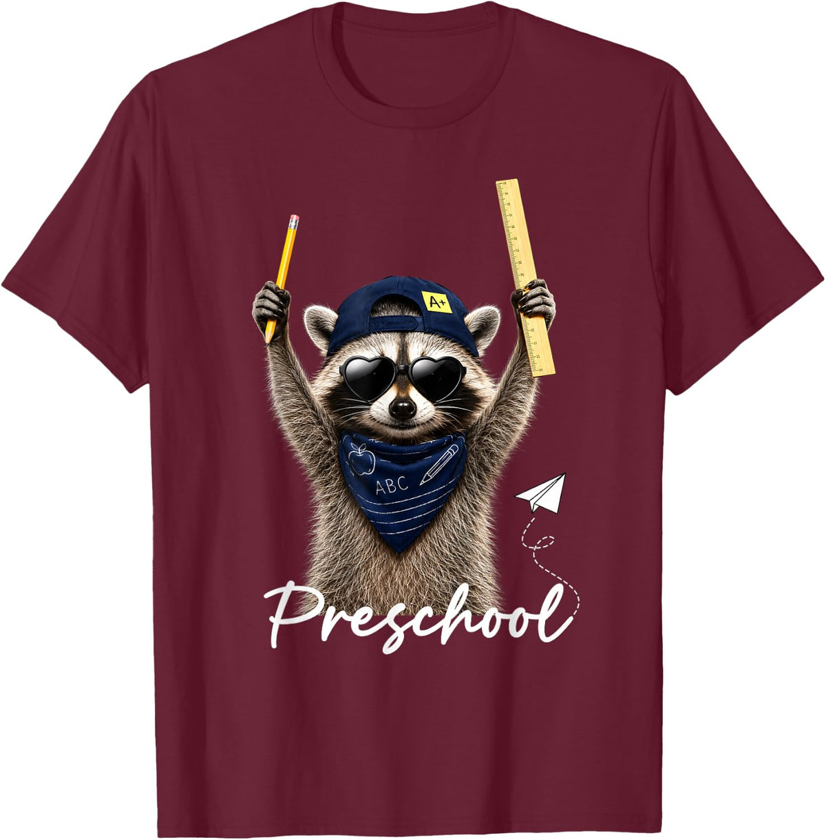 Funny Preschool Raccoon First Day of Back to School Teacher T-Shirt - Burgundy