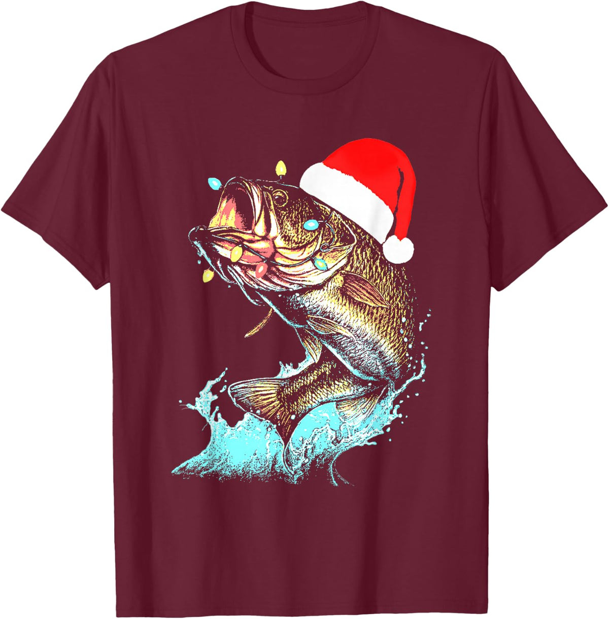 Christmas Dad Bass Fish Funny Fishing Santa Hat Lights Men T-Shirt - Burgundy