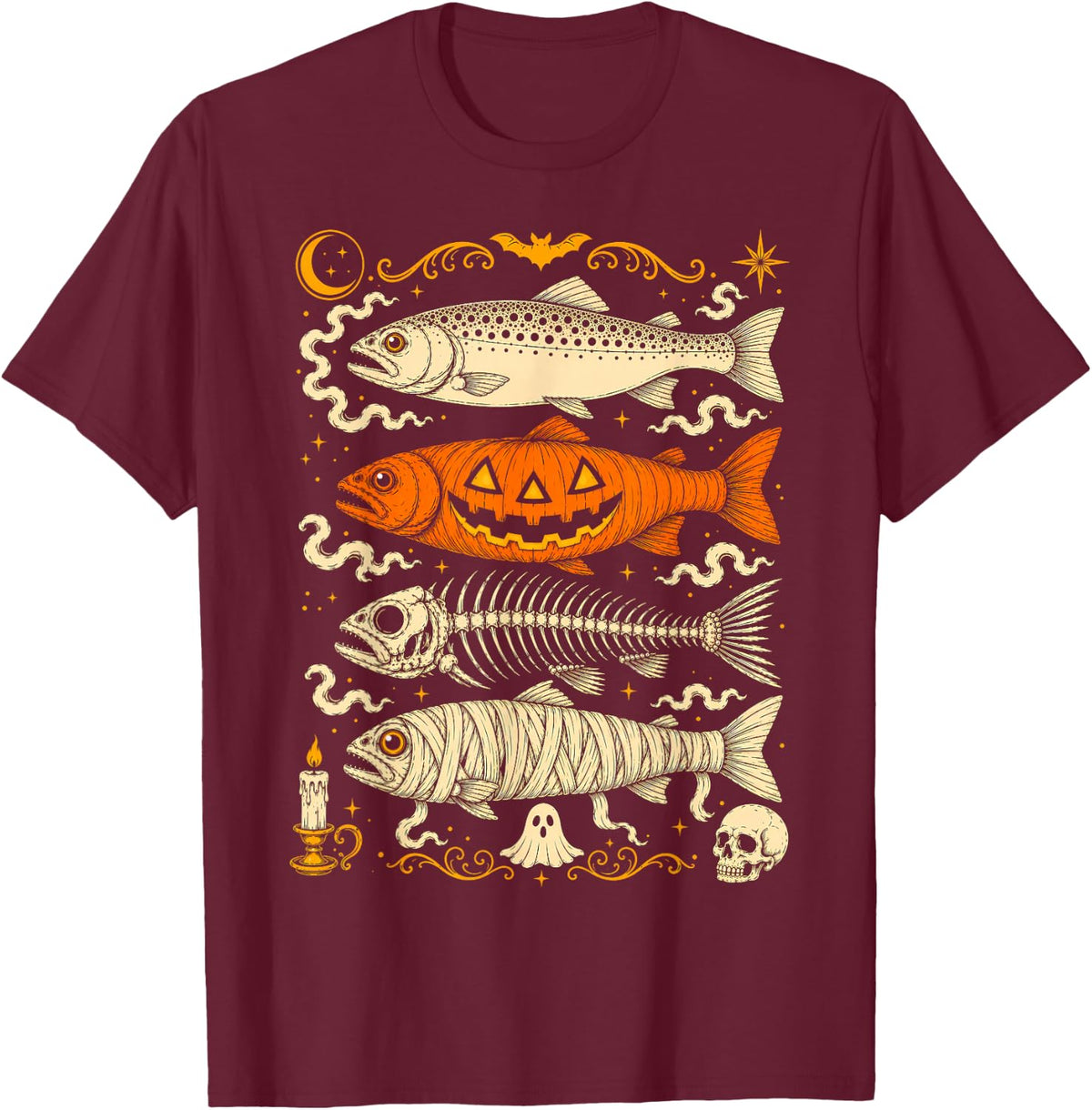 Halloween Trout Fishing Skeleton Mummy Pumpkin Spooky Fish Tee T-Shirt for Anglers - Burgundy