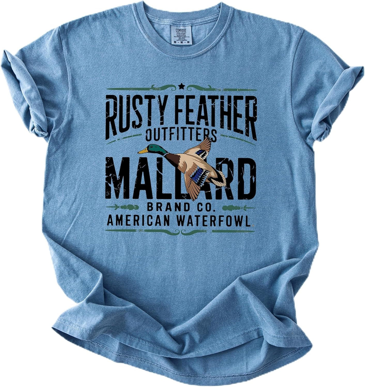 Rusty Feather Outfitters Unisex Mallard Hunting Shirt American Waterfowl Hunter Tee - Adult Blue Jean Shirt