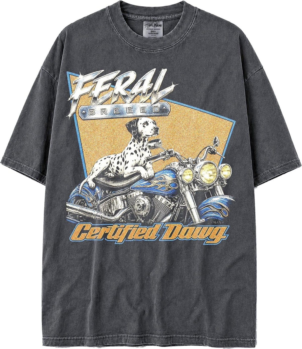 U.S.A. MAX-Heavyweight Faded Shaka Wear Oversized 7.5oz Cotton Tshirt with Biker Animals - Dalmatian