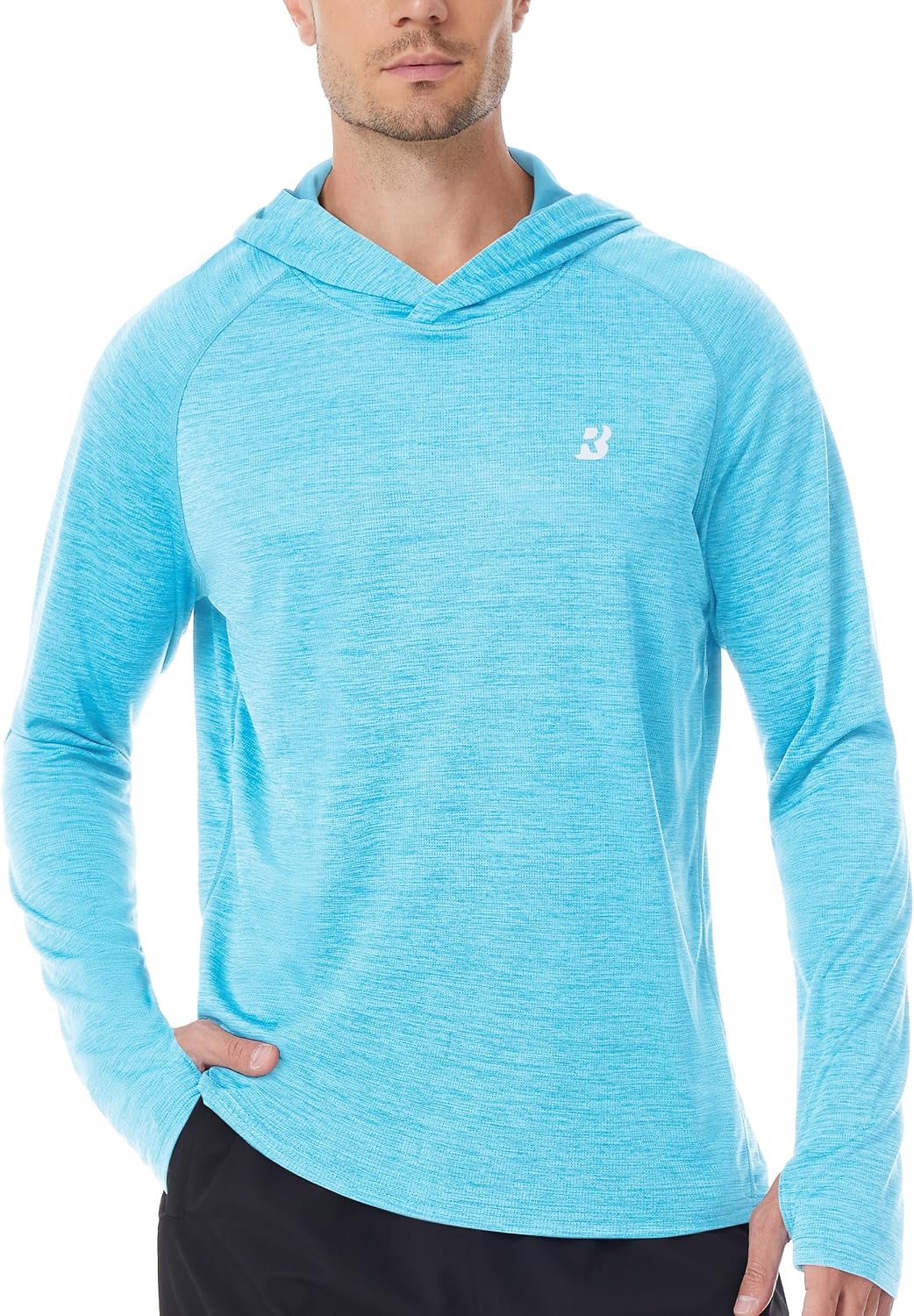 Men's UPF 50+ Sun Hoodie, Long Sleeve Fishing Shirt with Thumb Holes - Light Blue