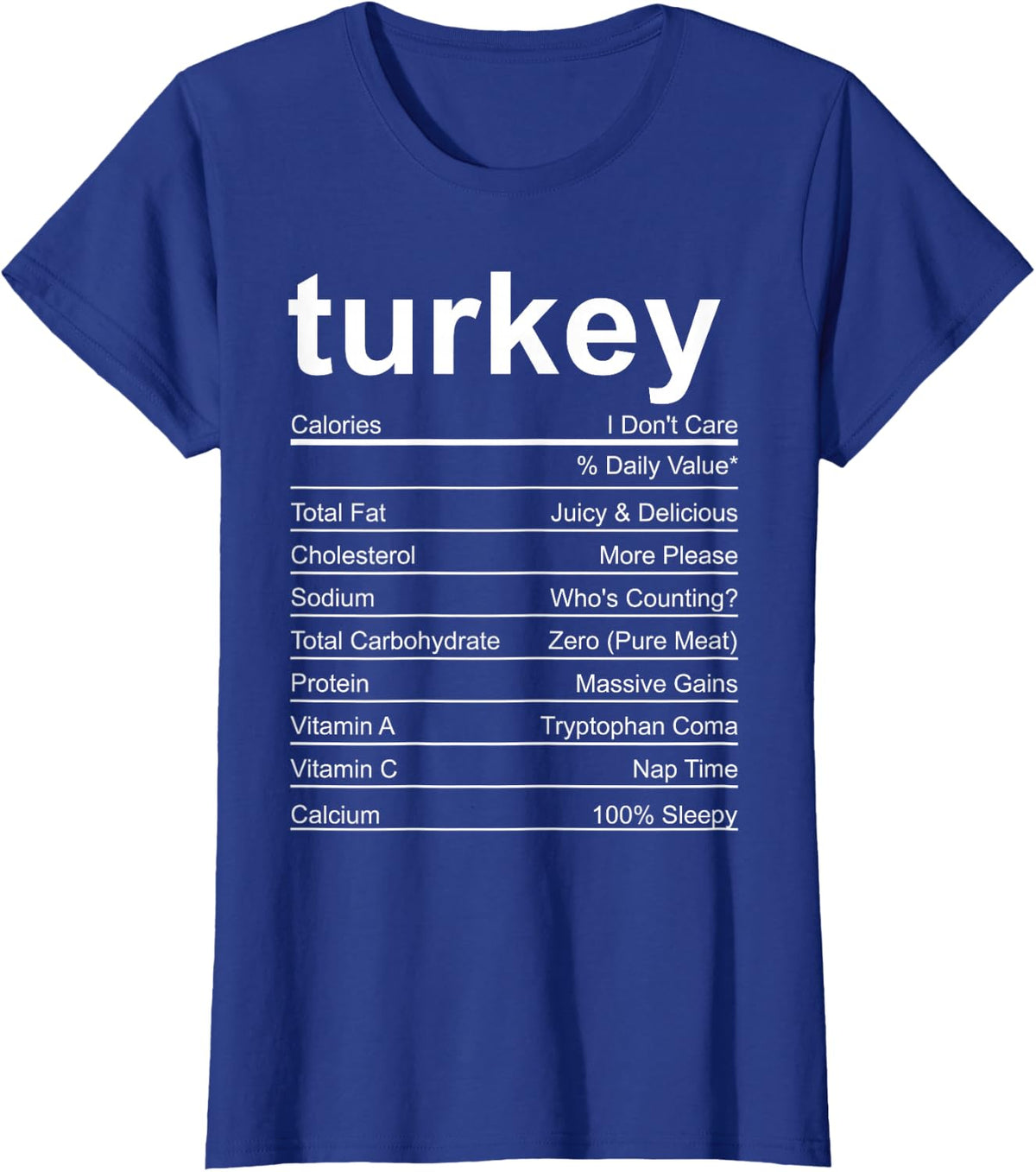 Funny Turkey Nutrition Facts Thanksgiving Dinner Food Lover T-Shirt - Royal Blue