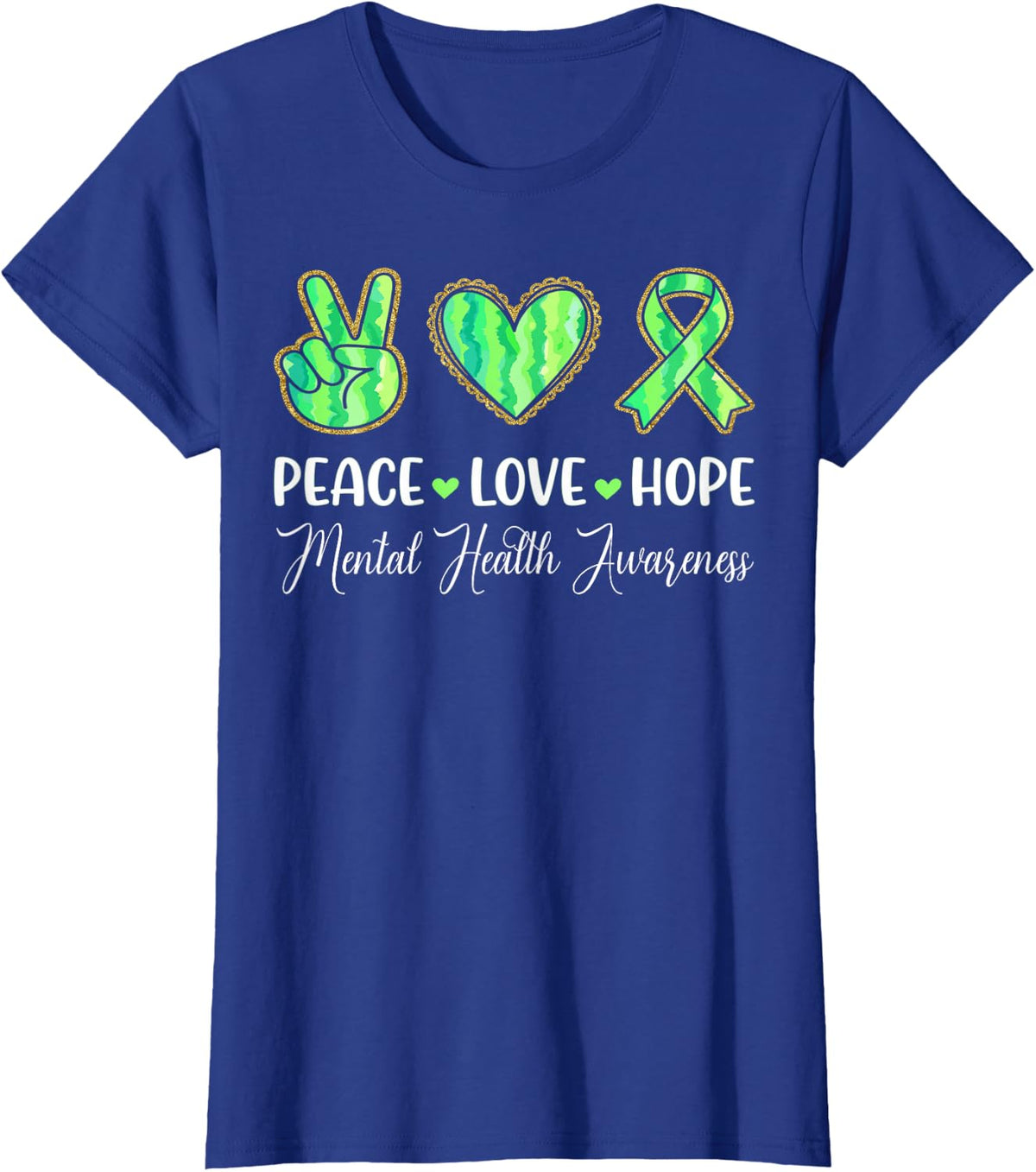 Green Ribbon Peace Love Heart Mental Health Awareness T-Shirt - Royal Blue