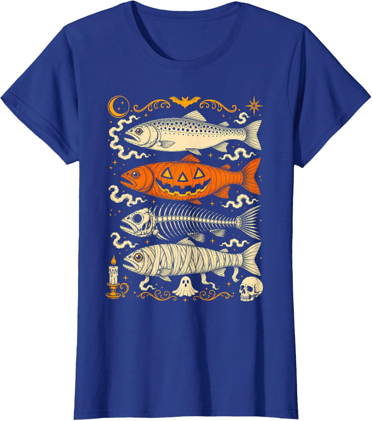 Halloween Trout Fishing Skeleton Mummy Pumpkin Spooky Fish Tee T-Shirt for Anglers - Royal Blue