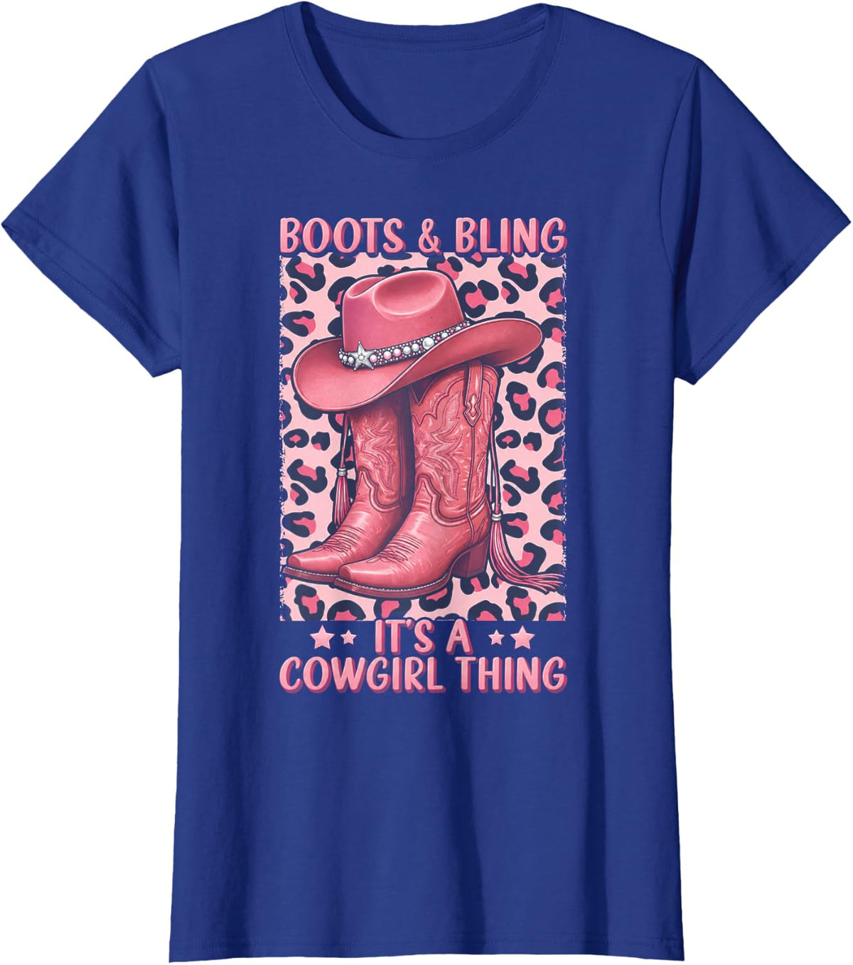 Pink Cowgirl Boots Western Leopard Rodeo Bling T-Shirt - Royal Blue