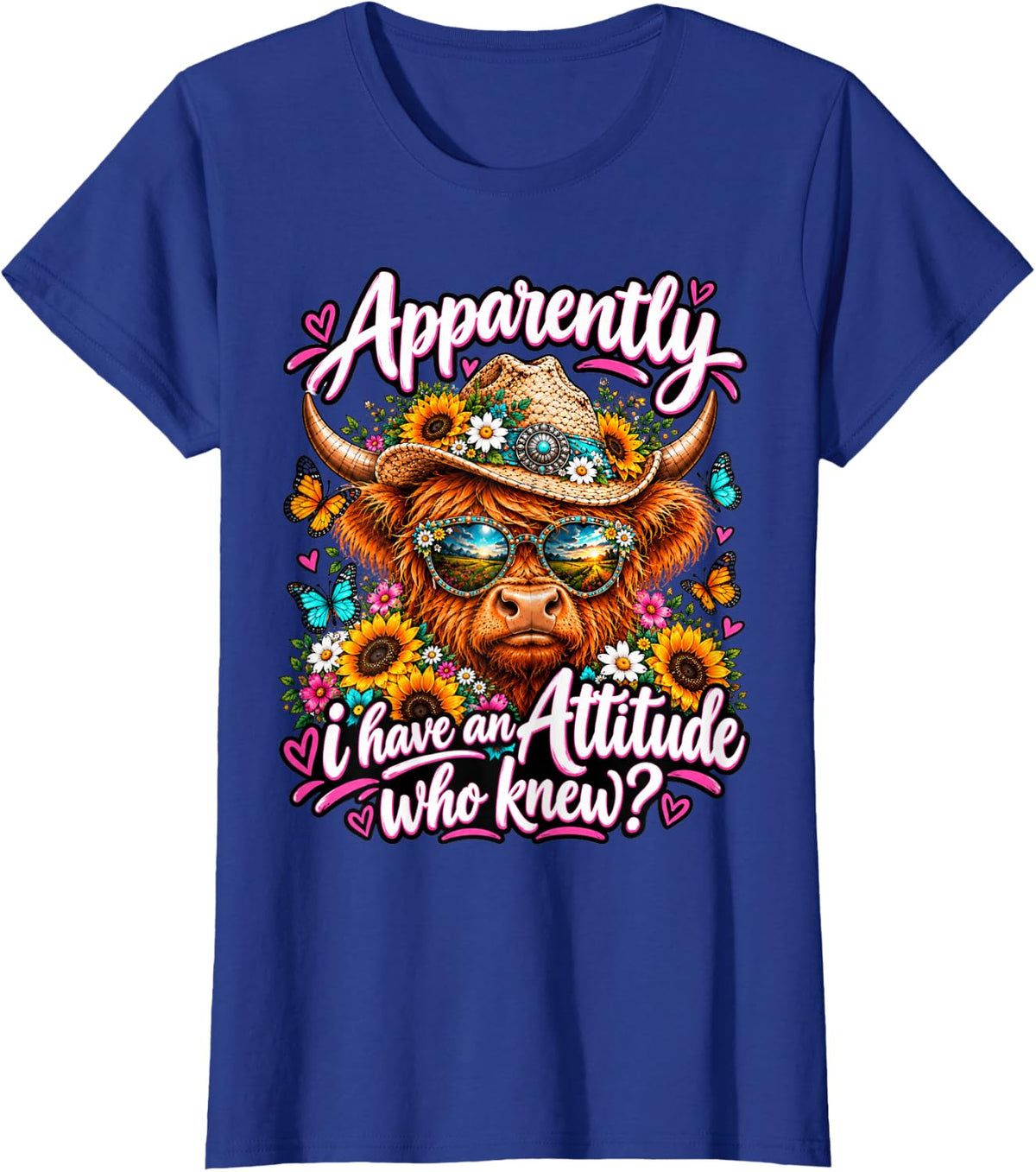 Apparently I Have an Attitude Who Knew Sarcasm Highland Cow T-Shirt - Royal Blue