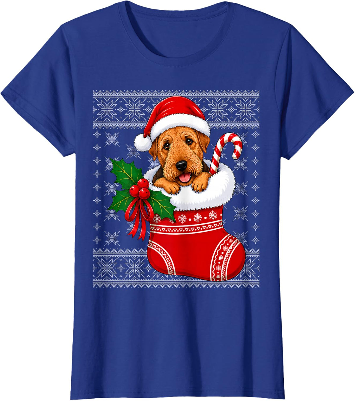 Airedale Terrier Dog Christmas Stocking Festive Ugly Xmas T-Shirt - Royal Blue