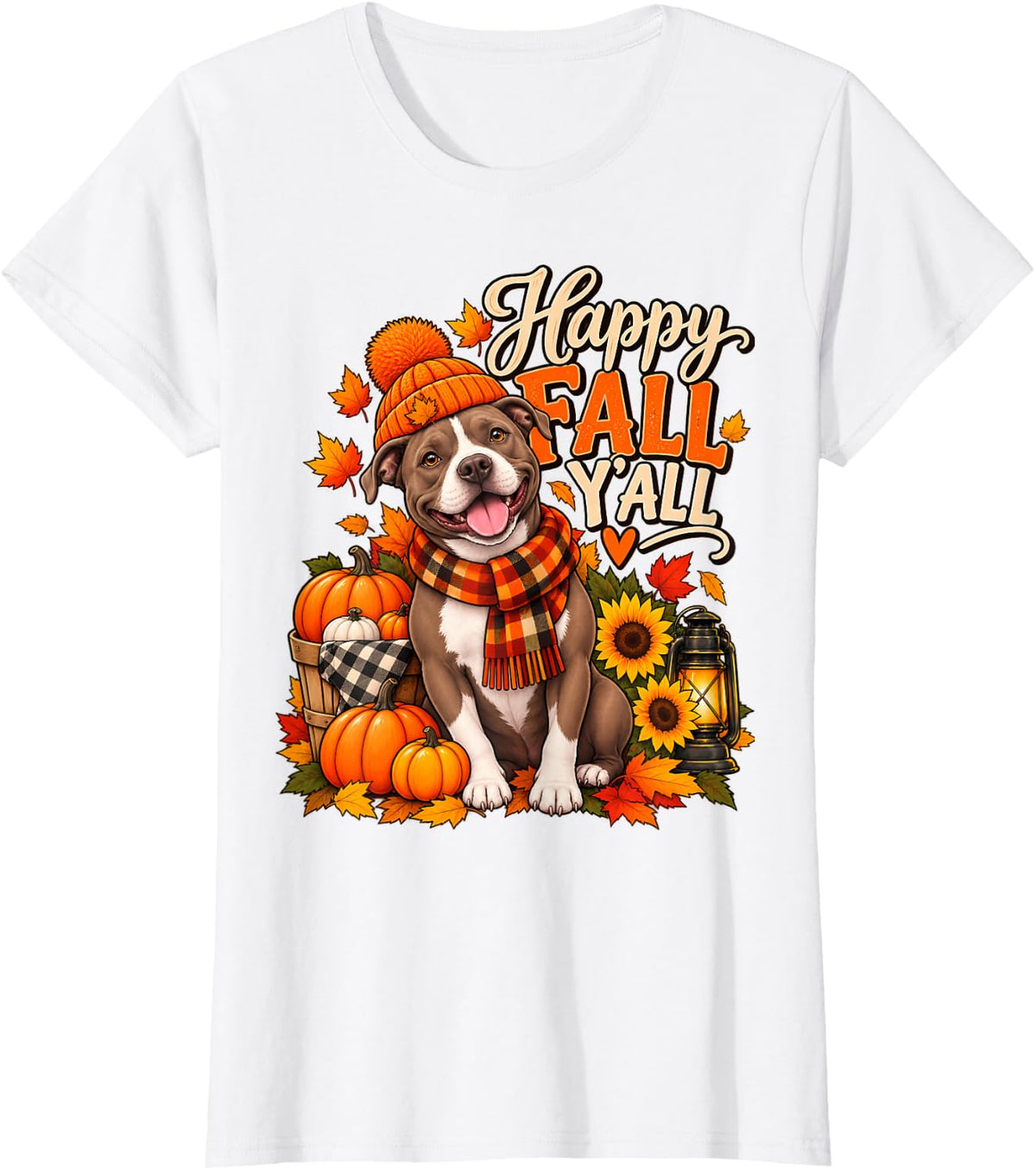 Happy Fall Y'all Pitbull Dog Scarf Autumn Leaf Thanksgiving T-Shirt - White