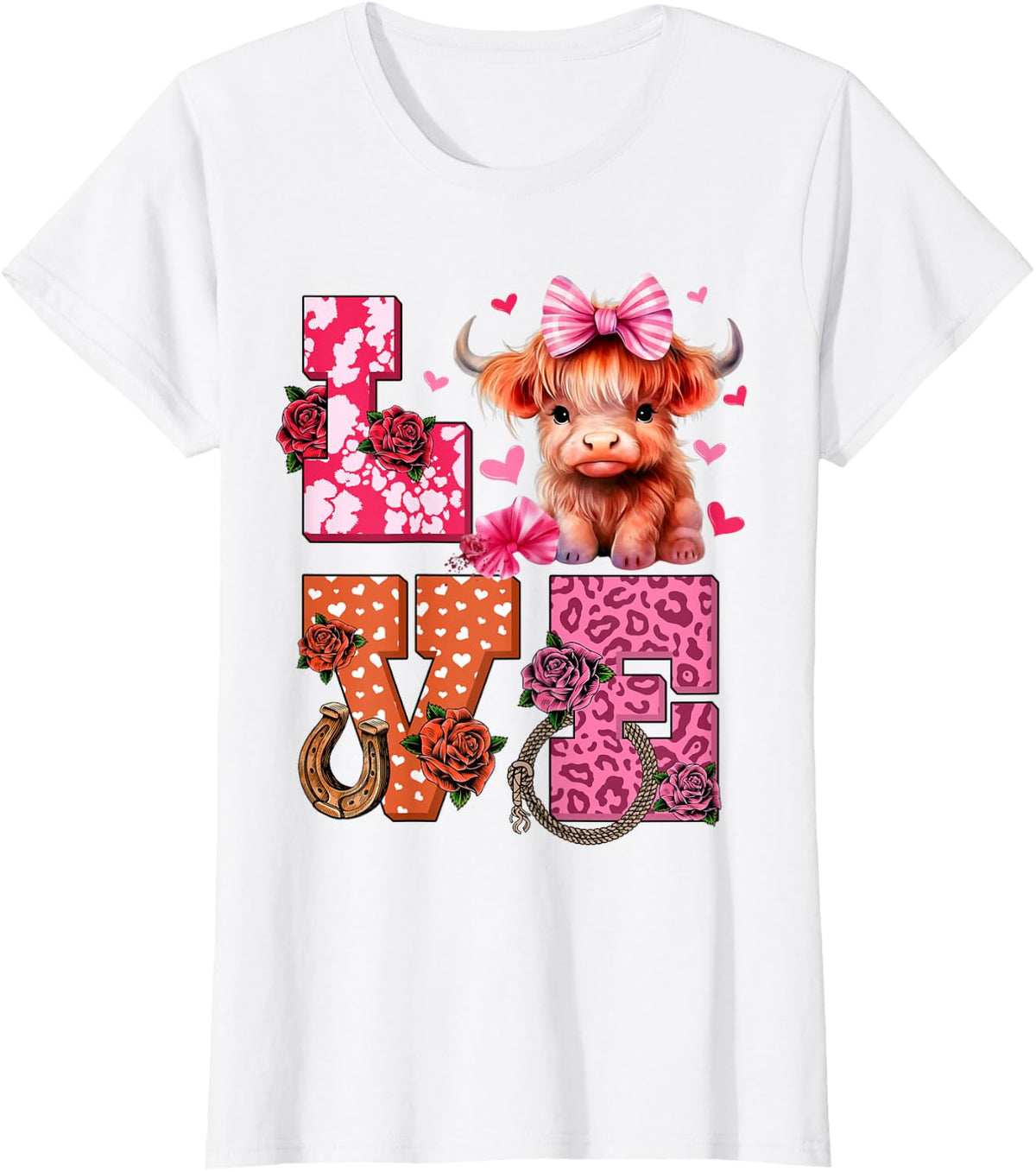 Cute Highland Cow And Pink Heart Valentines Day Love Leopard T-Shirt - White