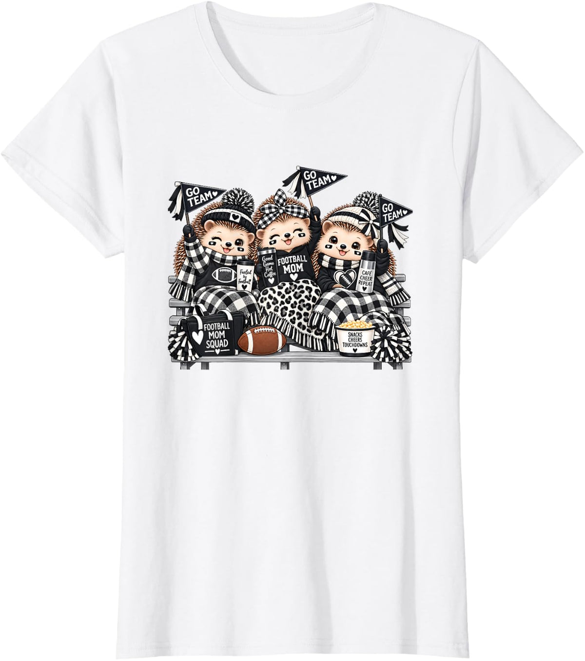 Football Mom Squad Cute Hedgehog Game Day Cheer Black White T-Shirt - White