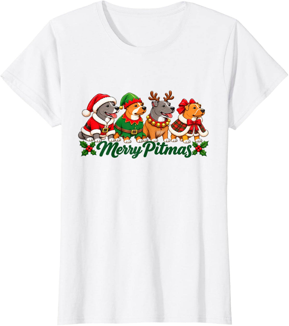 Merry Pitmas Funny Pitbull Dog Lover Christmas Festive Xmas T-Shirt - White